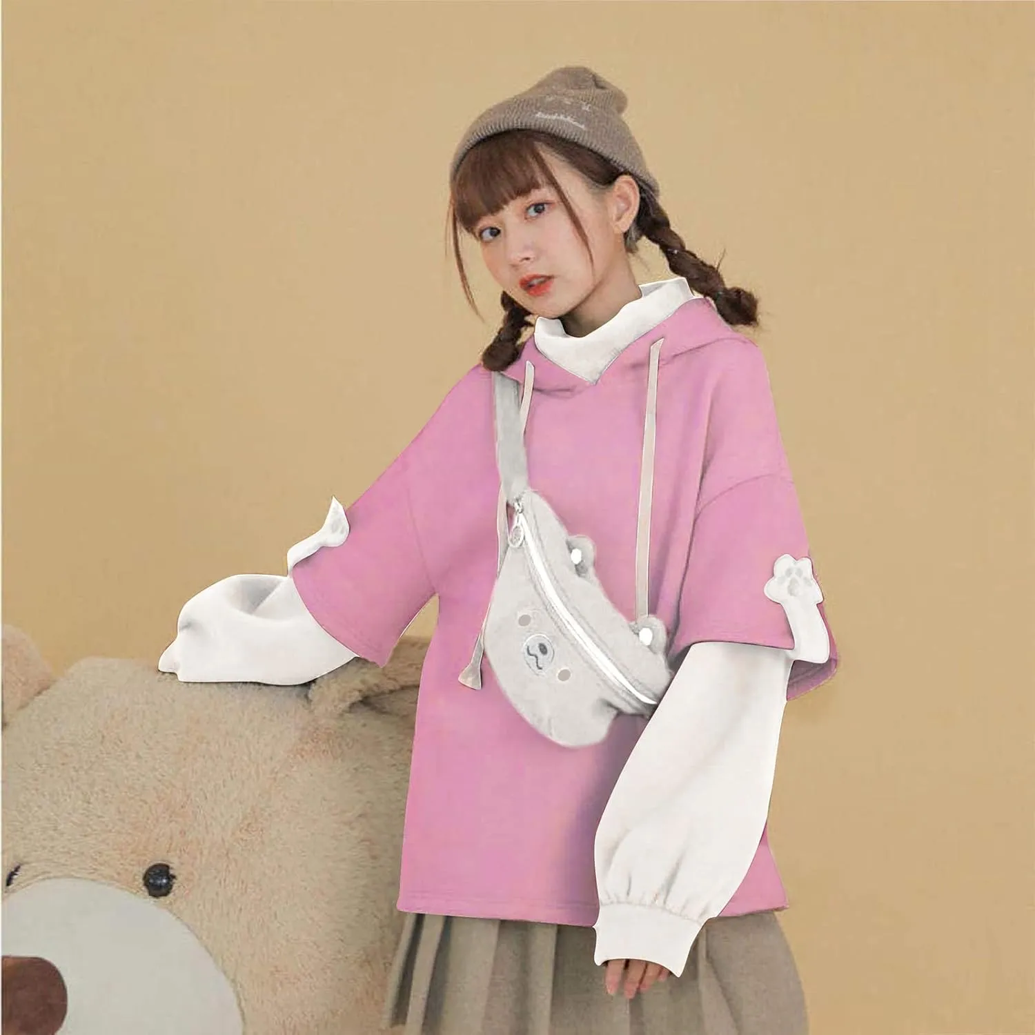 RKSTN Cute Bear Hoodie for Womens Long Sleeve Sweatshirts Patchwork Hooded Shirts with Cute Personality Bag Girls Hoodie Coat