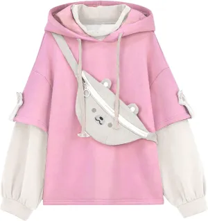 RKSTN Cute Bear Hoodie for Womens Long Sleeve Sweatshirts Patchwork Hooded Shirts with Cute Personality Bag Girls Hoodie Coat