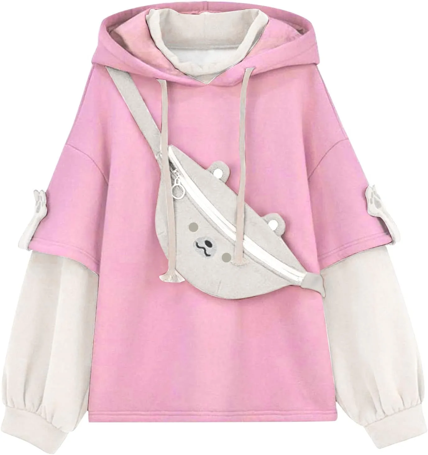 RKSTN Cute Bear Hoodie for Womens Long Sleeve Sweatshirts Patchwork Hooded Shirts with Cute Personality Bag Girls Hoodie Coat