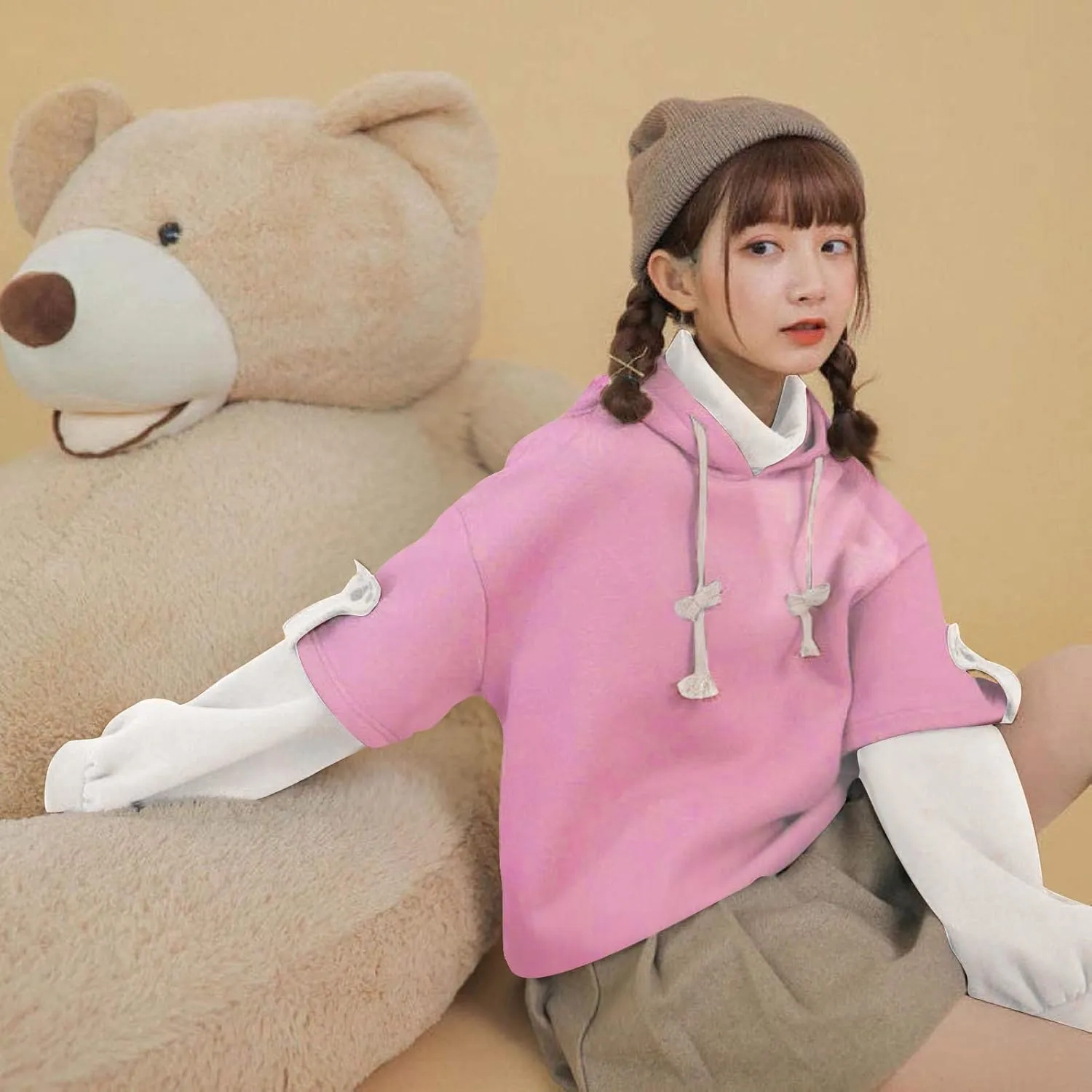 RKSTN Cute Bear Hoodie for Womens Long Sleeve Sweatshirts Patchwork Hooded Shirts with Cute Personality Bag Girls Hoodie Coat