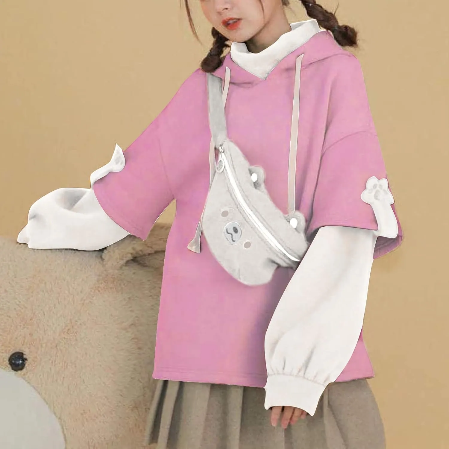 RKSTN Cute Bear Hoodie for Womens Long Sleeve Sweatshirts Patchwork Hooded Shirts with Cute Personality Bag Girls Hoodie Coat