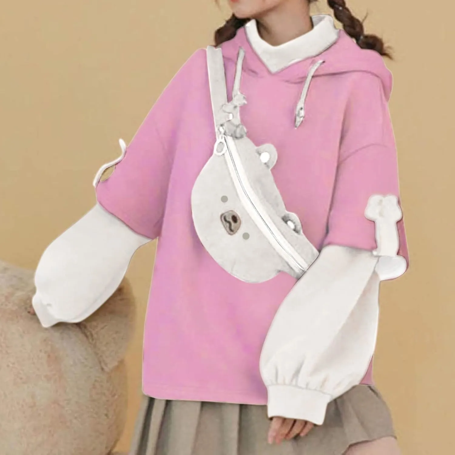 RKSTN Cute Bear Hoodie for Womens Long Sleeve Sweatshirts Patchwork Hooded Shirts with Cute Personality Bag Girls Hoodie Coat