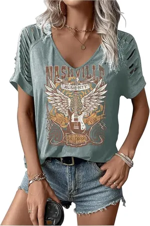 Rock Band T-Shirt Women Country Music Shirt Tops Vintage Graphic Tees Shirts Retro Steer Western Rodeo Tshirt