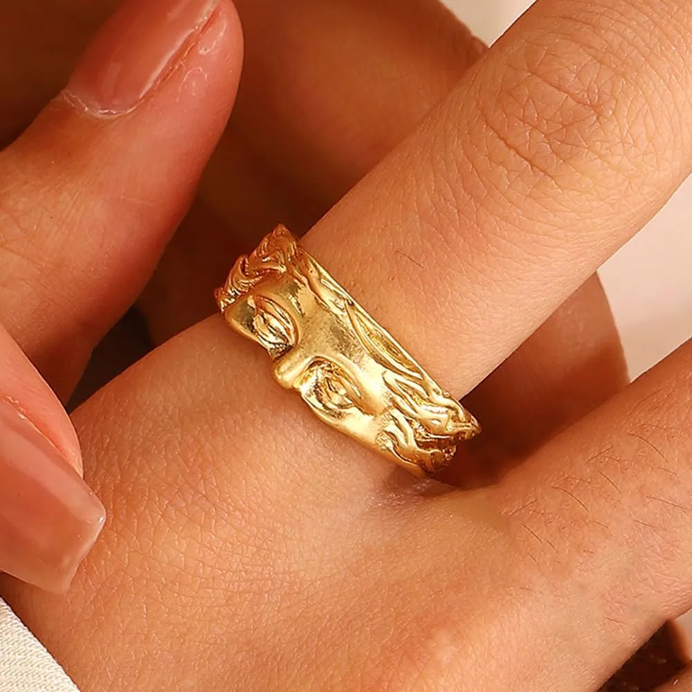 Rrdaily 14K Gold Artistic Half Face Open Rings for Women,Personality Retro Index Finger Adjustable Statement Rings,Exquisite Band Bar Party Jewelry Gifts