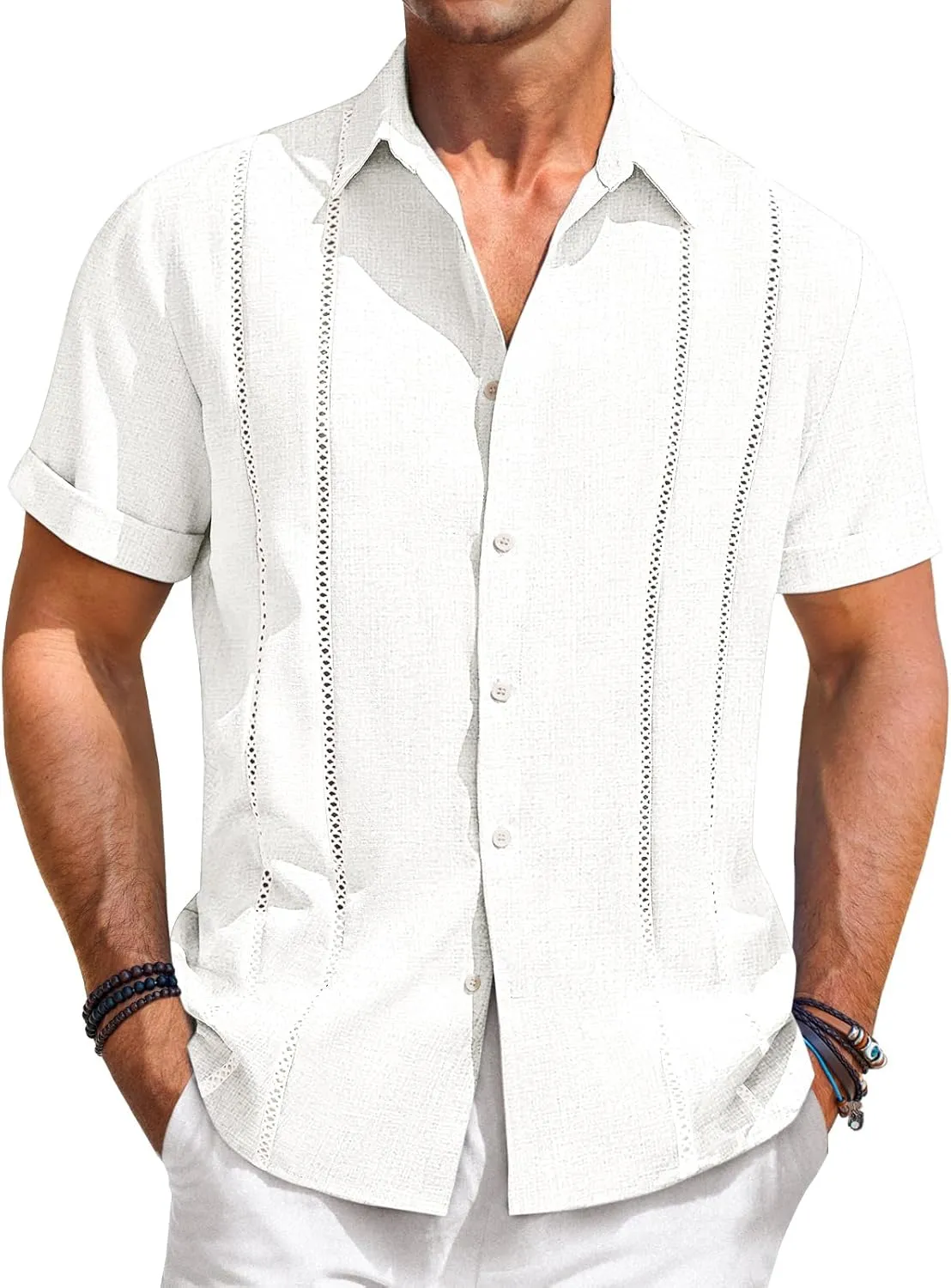 Runcati Mens Guayabera Shirts Short Sleeve Casual Cuban Linen Shirt Button Down Beach Summer Mexican Shirts