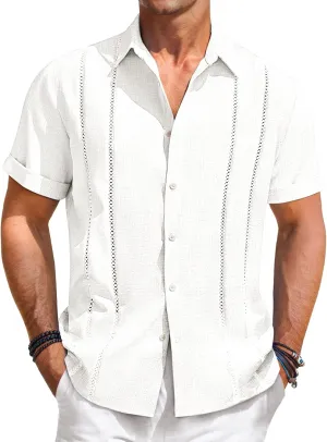 Runcati Mens Guayabera Shirts Short Sleeve Casual Cuban Linen Shirt Button Down Beach Summer Mexican Shirts
