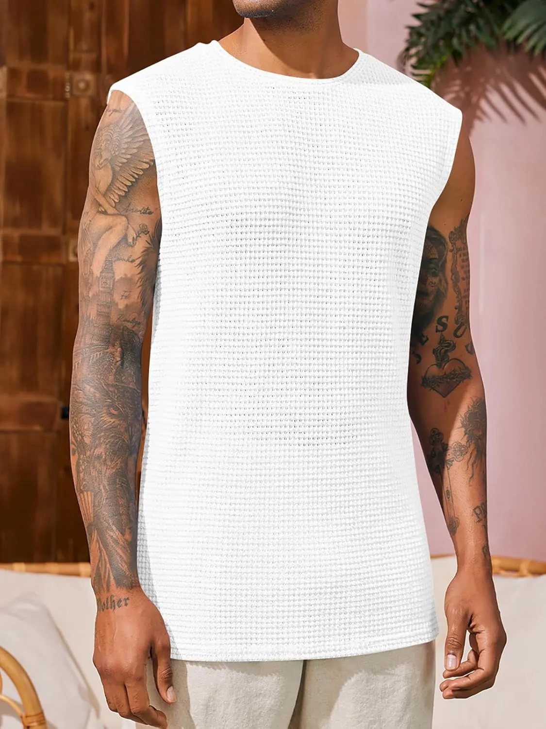 Runcati Mens Waffle Tank Tops Sleeveless T-Shirts Athletic Muscle Summer Beach Hippie Shirts