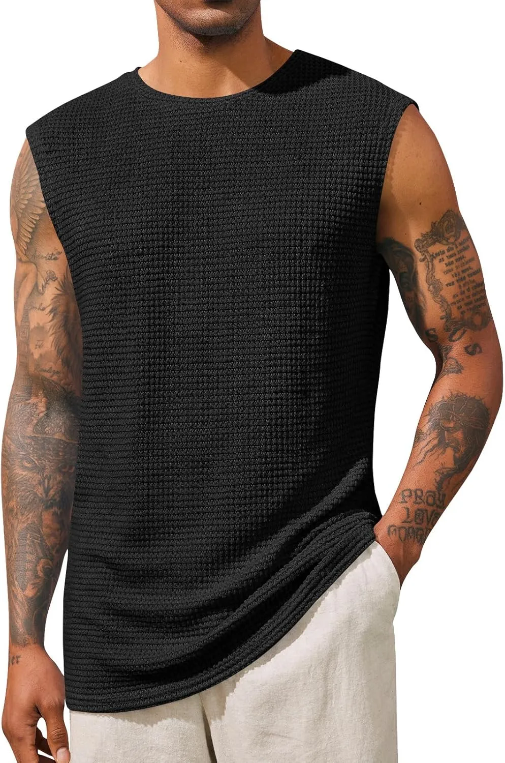 Runcati Mens Waffle Tank Tops Sleeveless T-Shirts Athletic Muscle Summer Beach Hippie Shirts