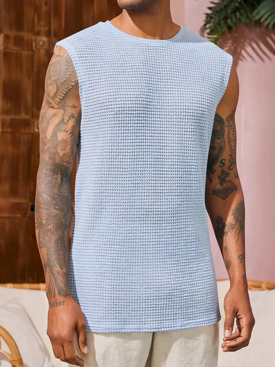 Runcati Mens Waffle Tank Tops Sleeveless T-Shirts Athletic Muscle Summer Beach Hippie Shirts