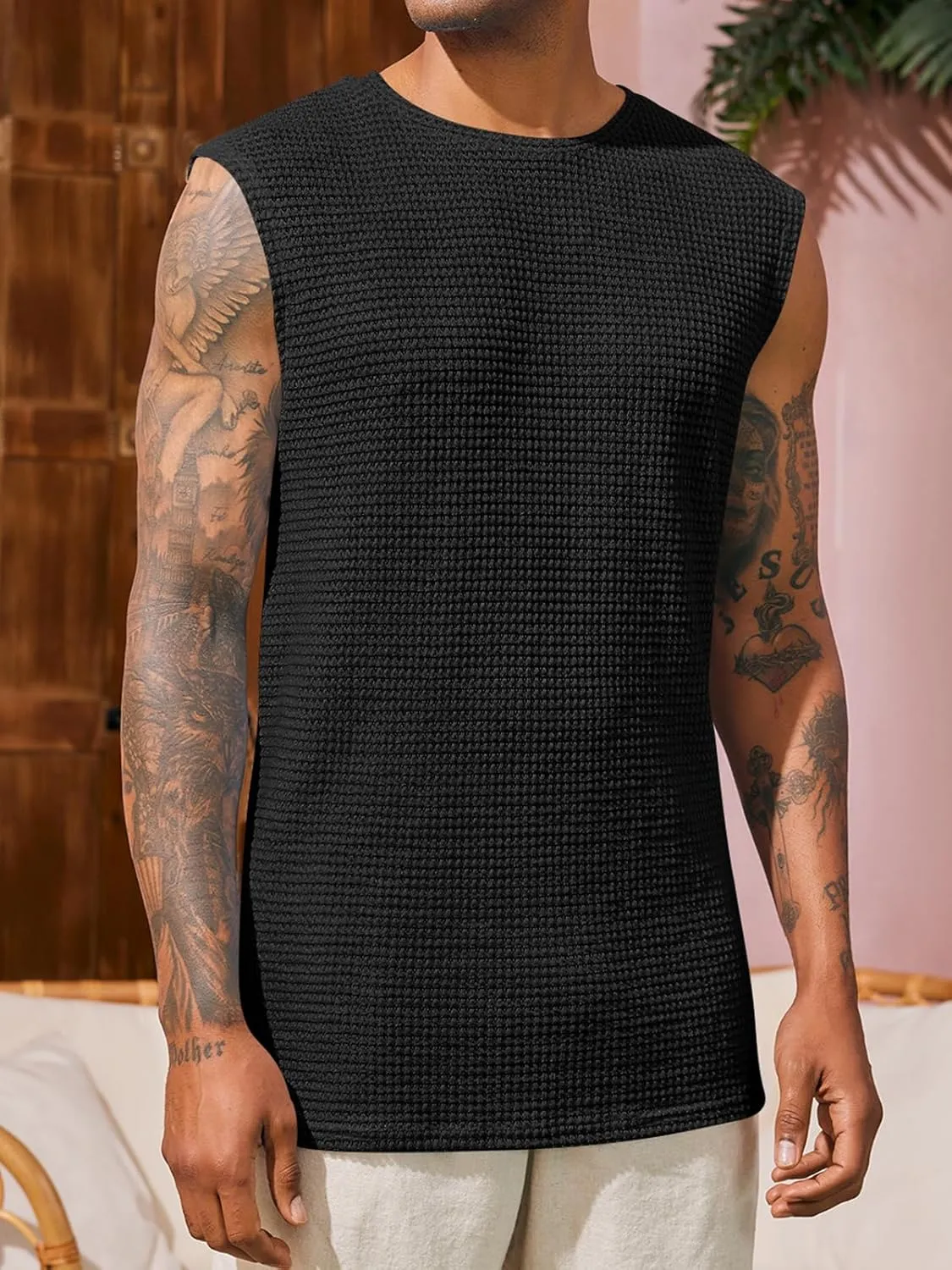 Runcati Mens Waffle Tank Tops Sleeveless T-Shirts Athletic Muscle Summer Beach Hippie Shirts