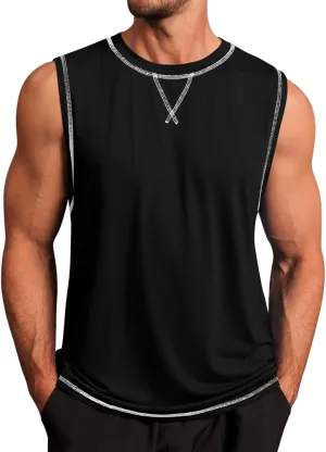 Runcati Mens Workout Tank Tops Sleeveless Casual Crewneck Beach T Shirt Muscle Athletic Gym Running Tee