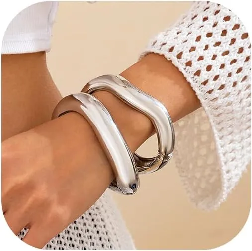 Salircon Gold Bangle Bracelets for Women Gold Wide Chunky Cuff Bracelets Trendy Hinged Cuff Open Wide Chunky Bracelet Irregular Minimalist Cuff Jewelry