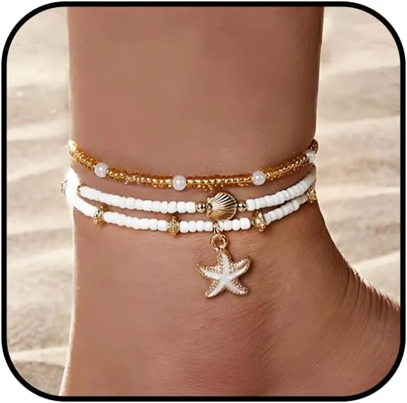 Seashell Anklets for Women Gold Boho Beaded Cowire Shell Anklet Hawaiian Beach Starfish Ankle Bracelet Seashell Pearl Conch Anklets Summer Ocean Foot Jewelry