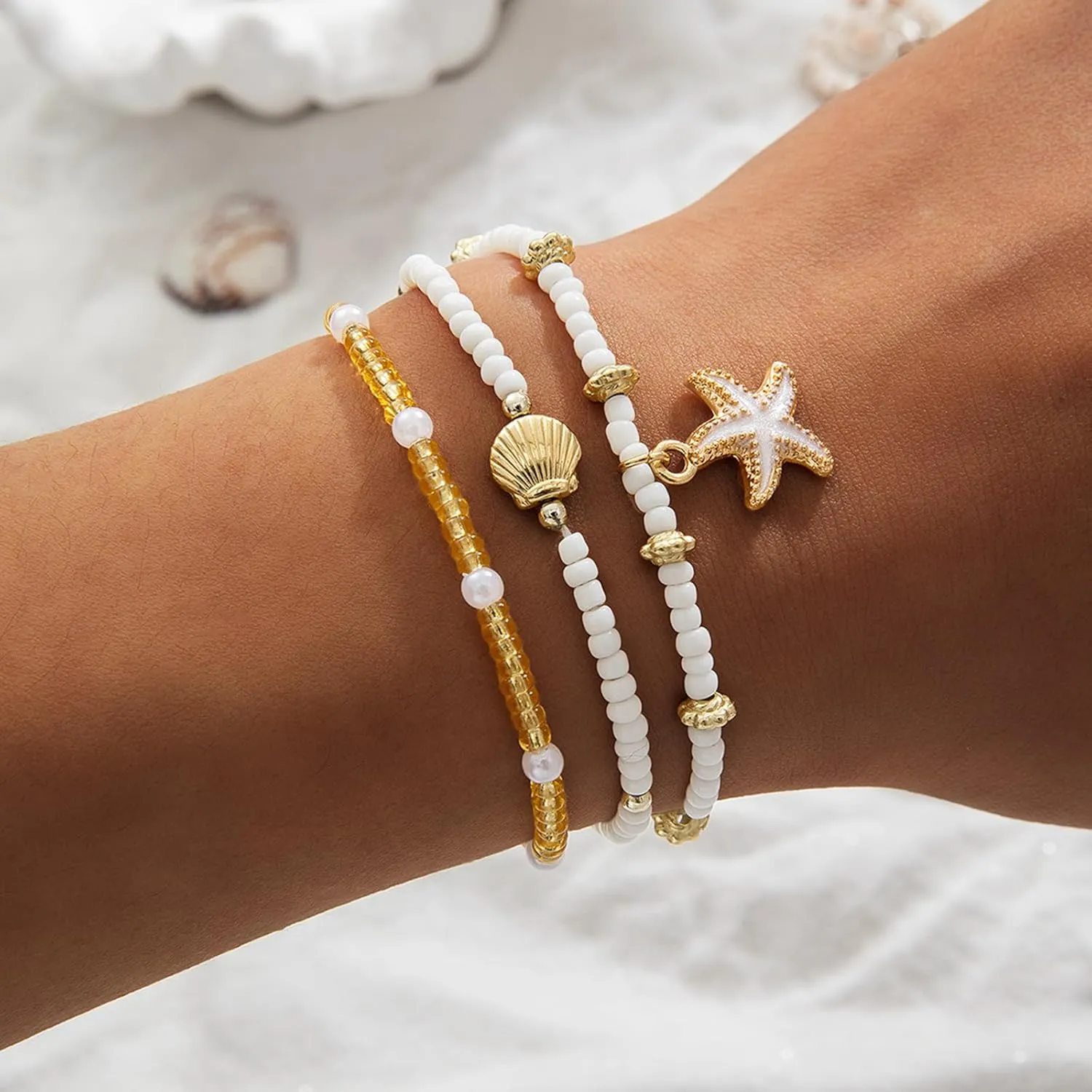 Seashell Anklets for Women Gold Boho Beaded Cowire Shell Anklet Hawaiian Beach Starfish Ankle Bracelet Seashell Pearl Conch Anklets Summer Ocean Foot Jewelry
