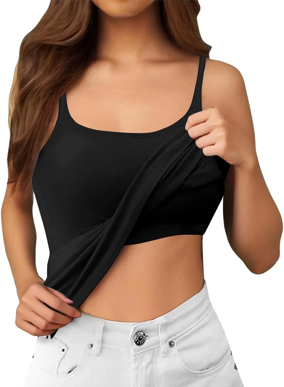 Shelf Bra Tank Tops for Women Adjustable Spaghetti Strap Yoga Shirts Basic Padded Tank Tops Undershirts Built in Bra