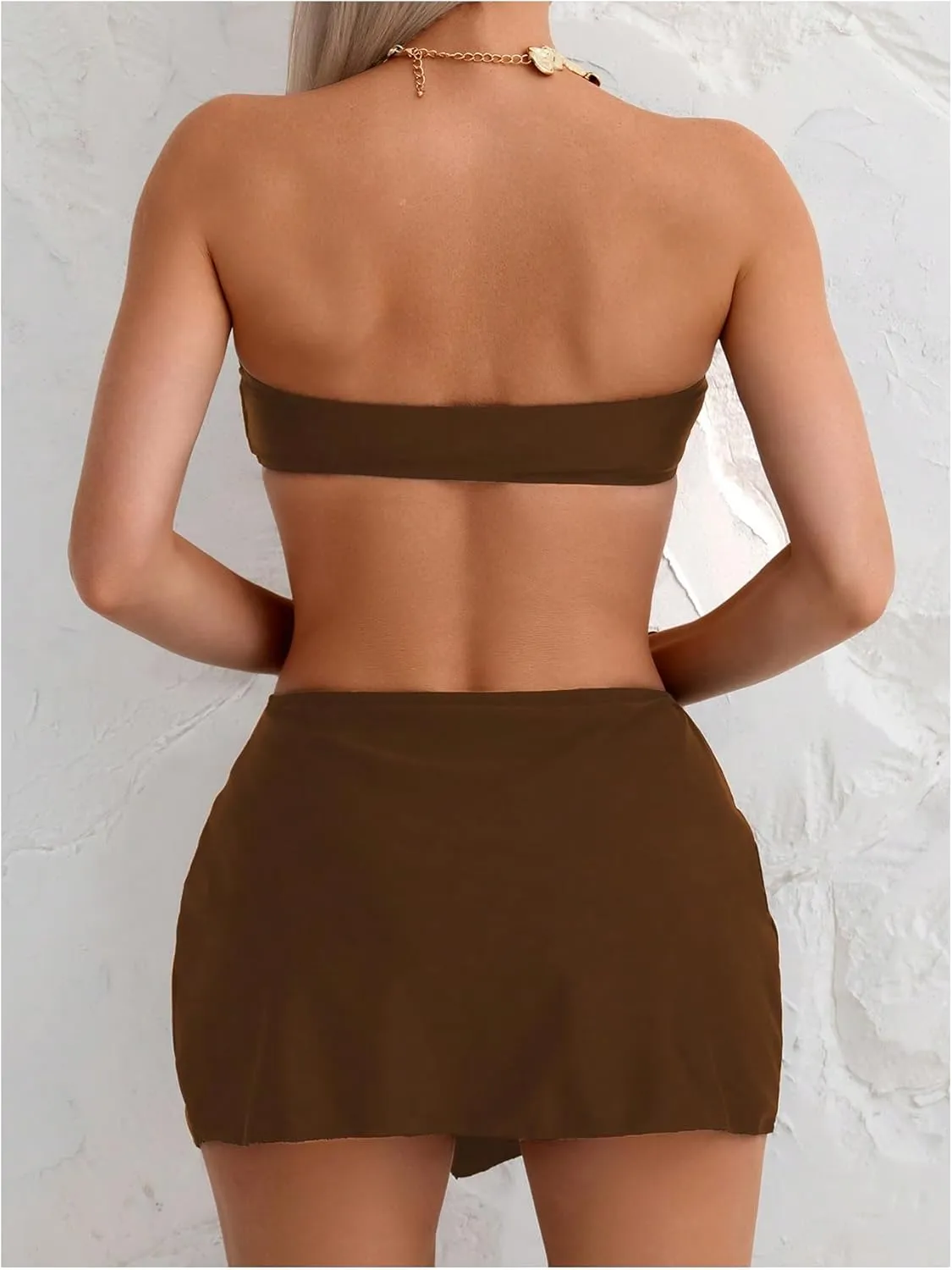 SHENHE Women's 3 Piece Swimsuit Strapless Metal Ring Bandeau Bikini Set with Cover Up Skirt