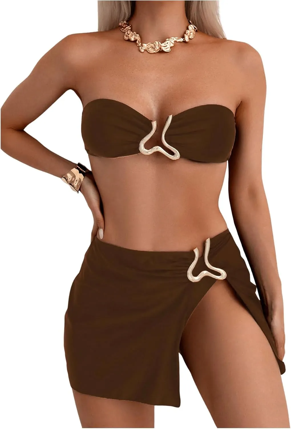 SHENHE Women's 3 Piece Swimsuit Strapless Metal Ring Bandeau Bikini Set with Cover Up Skirt