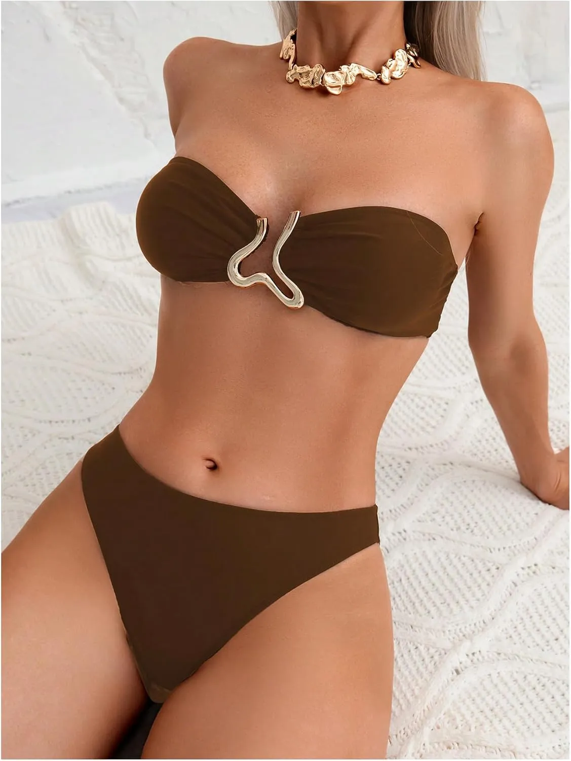 SHENHE Women's 3 Piece Swimsuit Strapless Metal Ring Bandeau Bikini Set with Cover Up Skirt