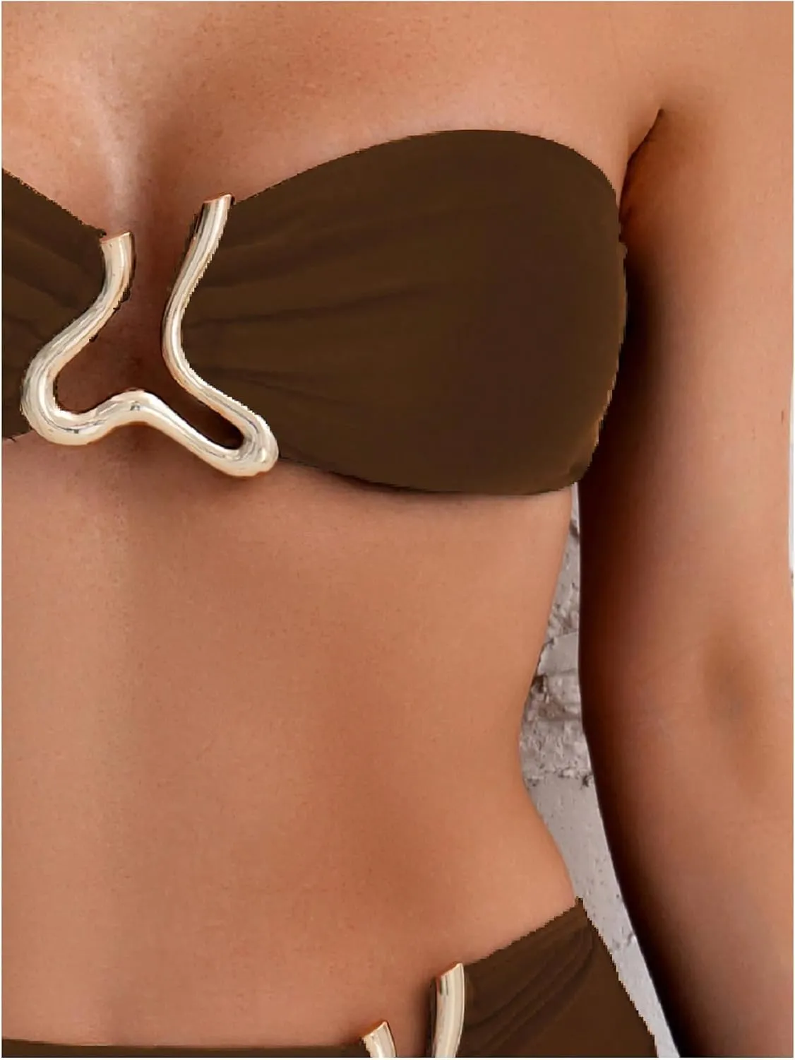 SHENHE Women's 3 Piece Swimsuit Strapless Metal Ring Bandeau Bikini Set with Cover Up Skirt