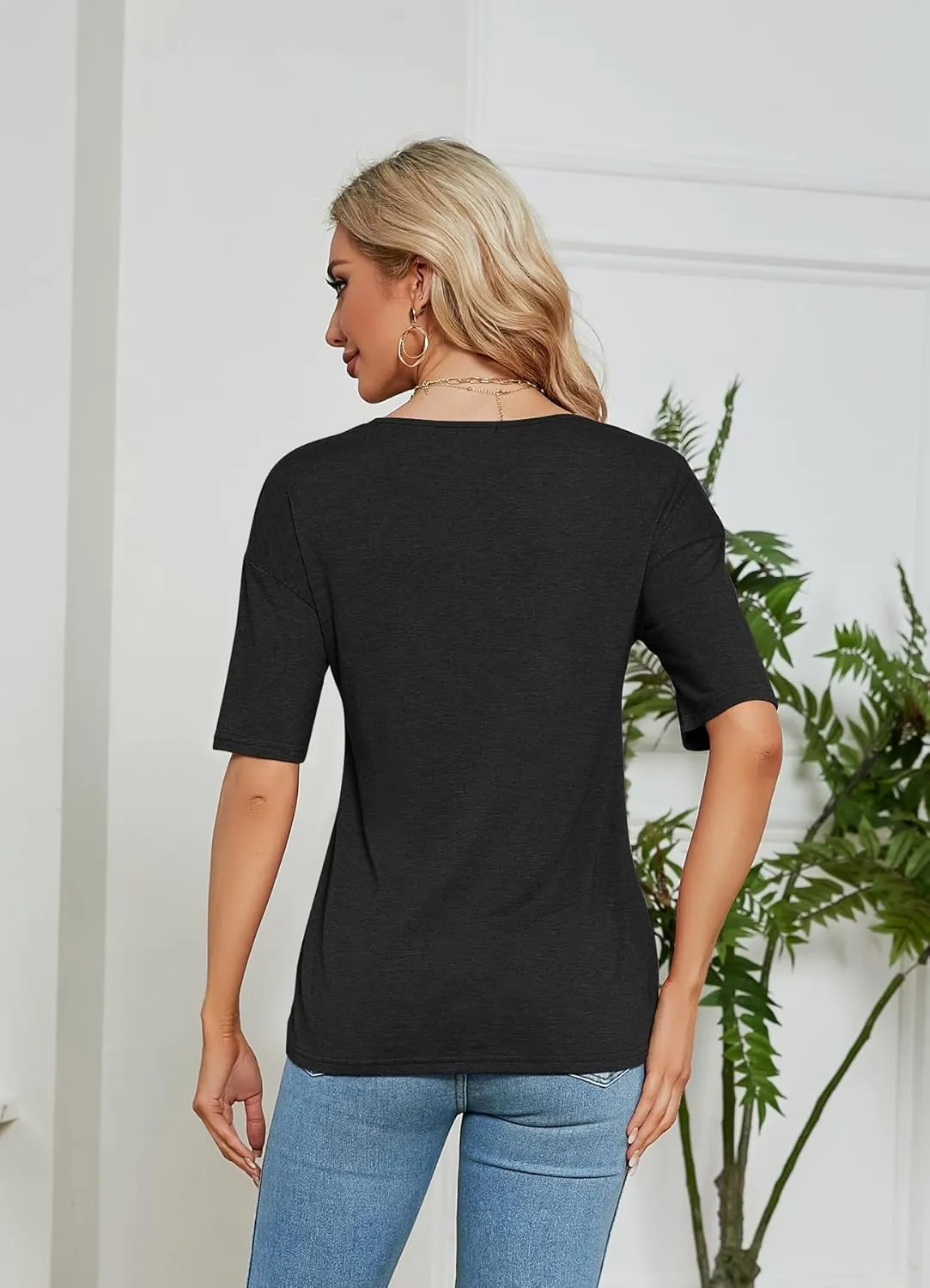 Sherosa Womens T Shirts V-Neck Half Sleeve Loose Fit Shirts Casual Solid Basic Tops