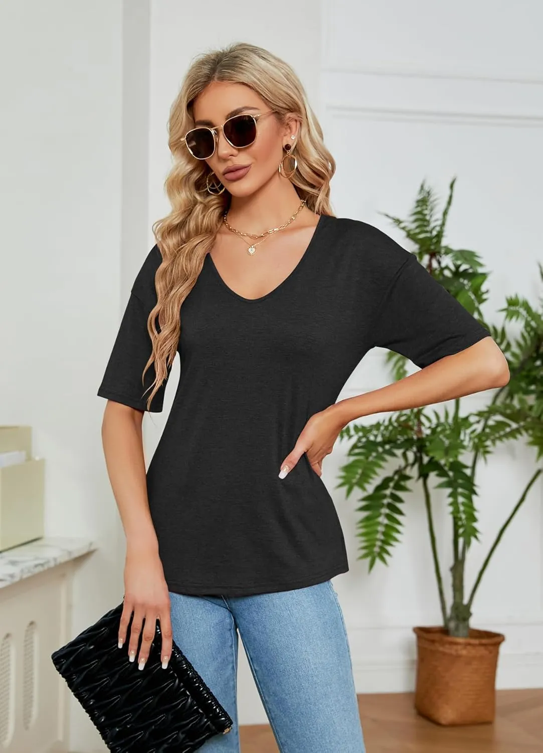 Sherosa Womens T Shirts V-Neck Half Sleeve Loose Fit Shirts Casual Solid Basic Tops