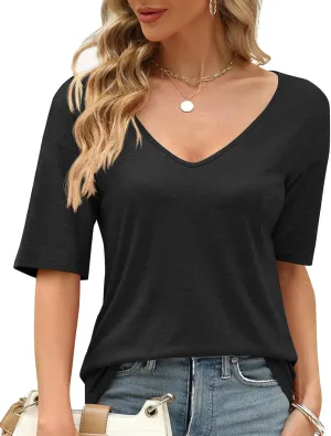 Sherosa Womens T Shirts V-Neck Half Sleeve Loose Fit Shirts Casual Solid Basic Tops