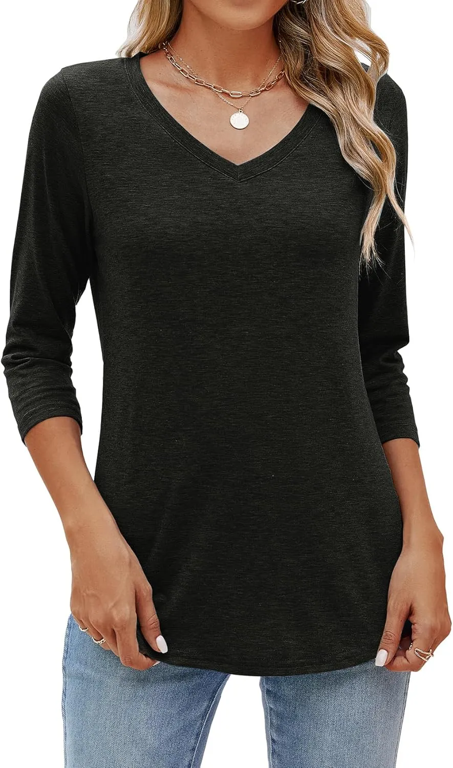 Sherosa Womens V Neck 3/4 Sleeve T Shirts Loose Fit Shirts Casual Solid Basic Tops Tees Blouses