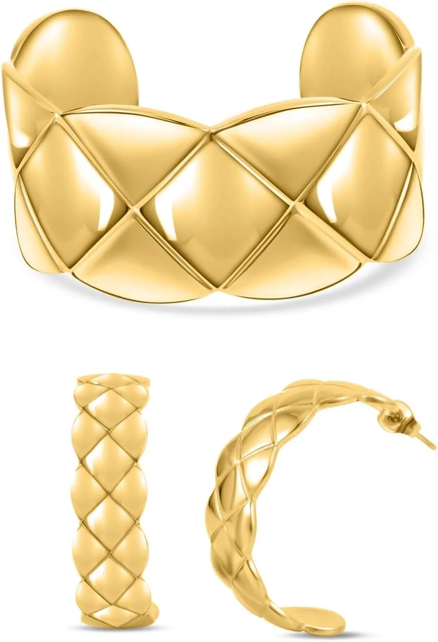 Shop LC Diamond-Cut Cuff Bracelets for Women Trendy (7 in) and Half Hoop Earrings Set in ION Plated Gold Stainless Steel Costume Jewelry Birthday Gifts for Women