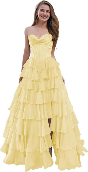SHSUREVE Strapless Corset Prom Dresses for Women Tiered A Line Chiffon Formal Evening Party Gown with Slit