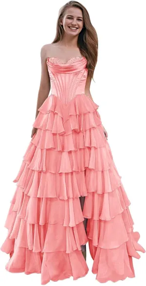 SHSUREVE Strapless Corset Prom Dresses for Women Tiered A Line Chiffon Formal Evening Party Gown with Slit