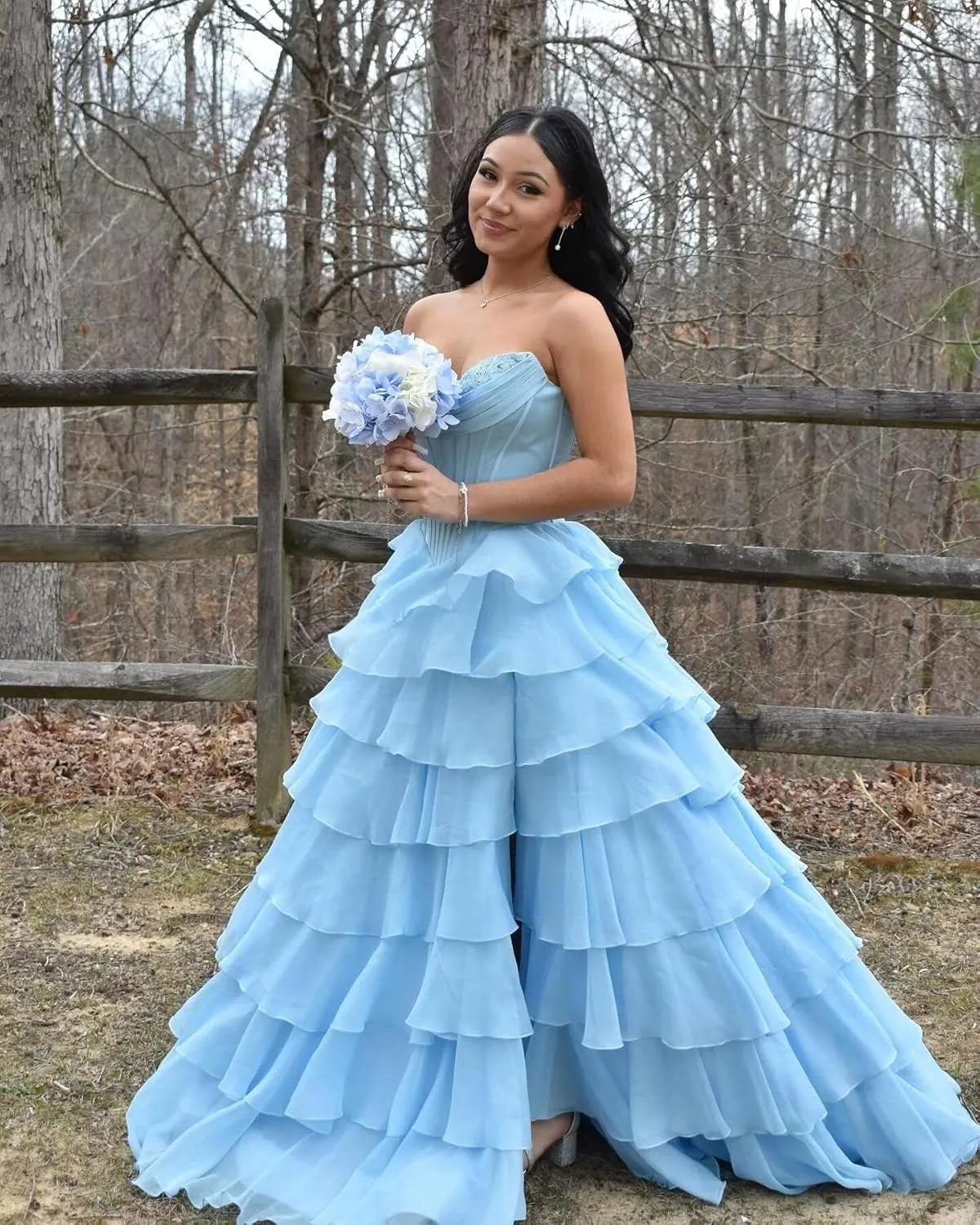 SHSUREVE Strapless Corset Prom Dresses for Women Tiered A Line Chiffon Formal Evening Party Gown with Slit