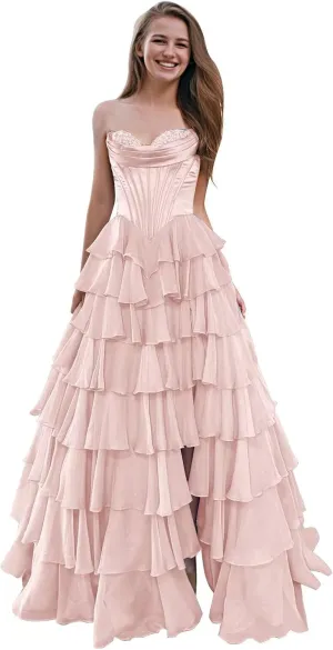 SHSUREVE Strapless Corset Prom Dresses for Women Tiered A Line Chiffon Formal Evening Party Gown with Slit