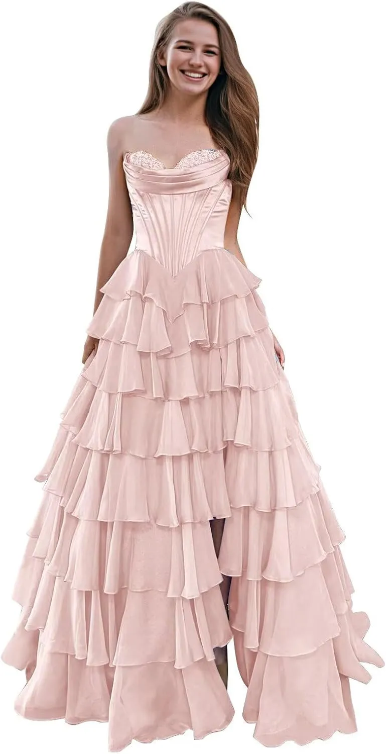 SHSUREVE Strapless Corset Prom Dresses for Women Tiered A Line Chiffon Formal Evening Party Gown with Slit