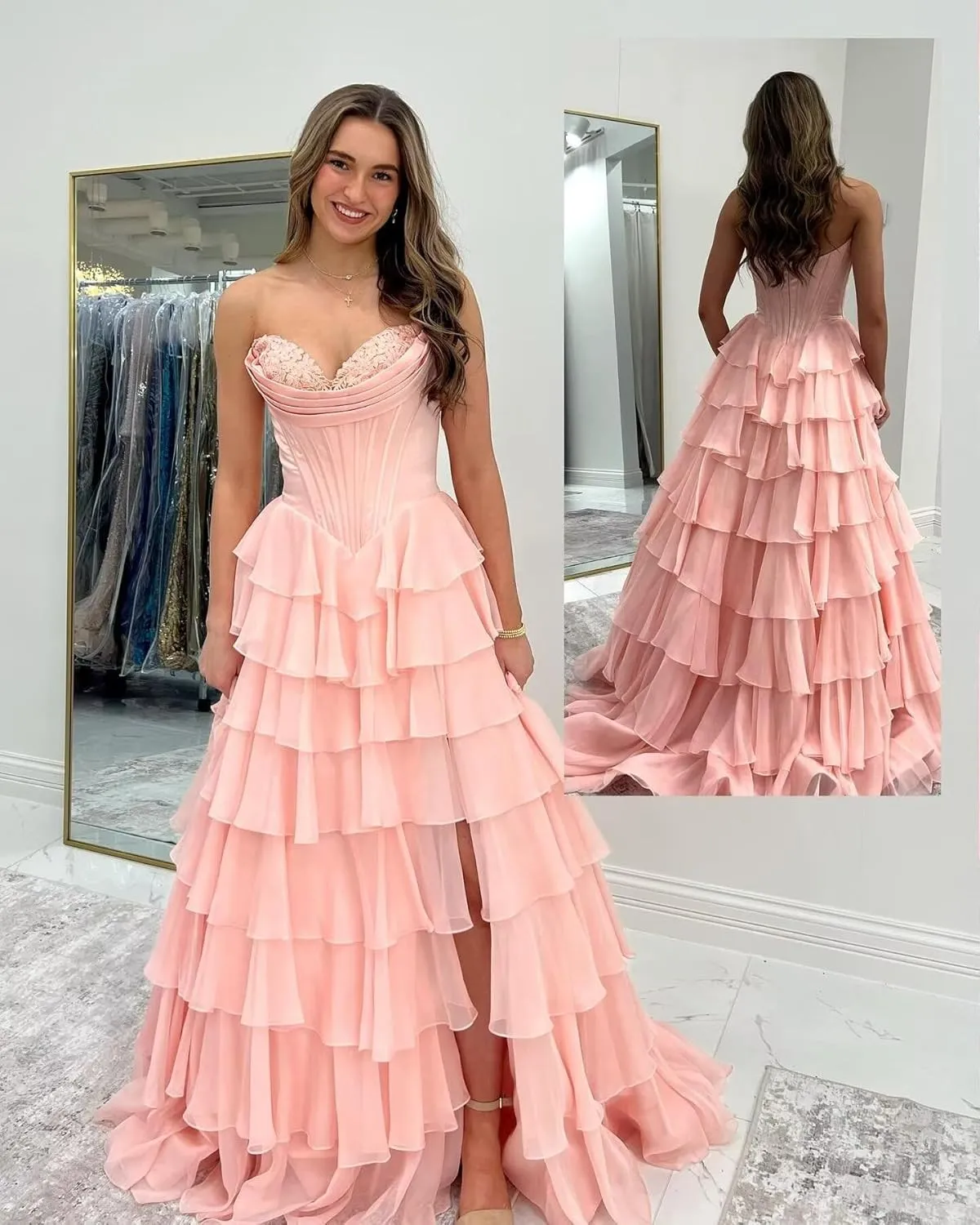SHSUREVE Strapless Corset Prom Dresses for Women Tiered A Line Chiffon Formal Evening Party Gown with Slit