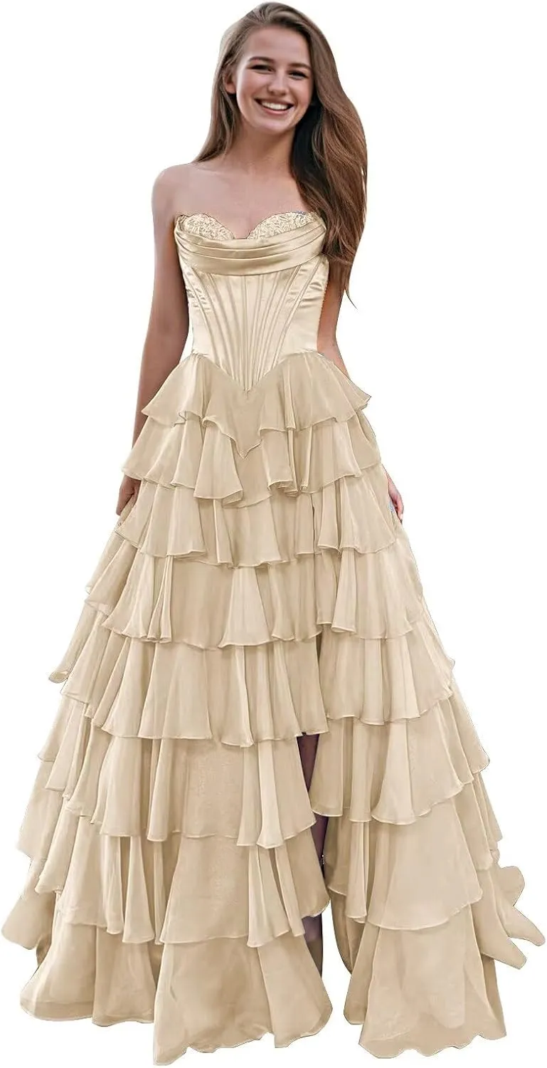 SHSUREVE Strapless Corset Prom Dresses for Women Tiered A Line Chiffon Formal Evening Party Gown with Slit