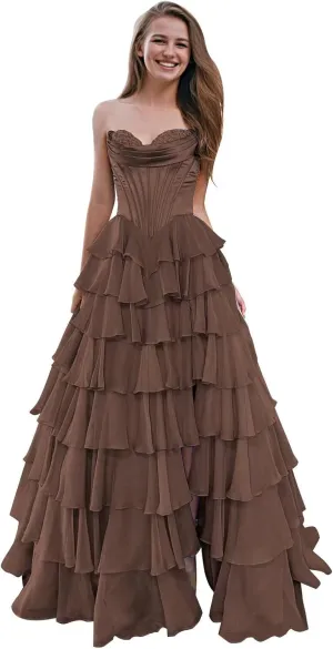 SHSUREVE Strapless Corset Prom Dresses for Women Tiered A Line Chiffon Formal Evening Party Gown with Slit