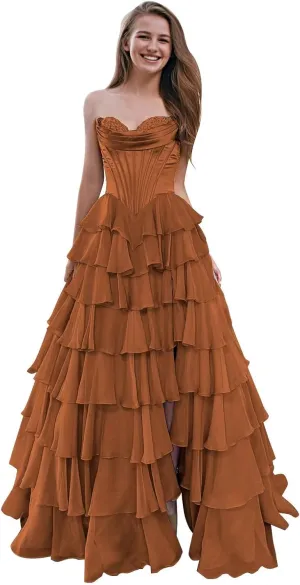 SHSUREVE Strapless Corset Prom Dresses for Women Tiered A Line Chiffon Formal Evening Party Gown with Slit