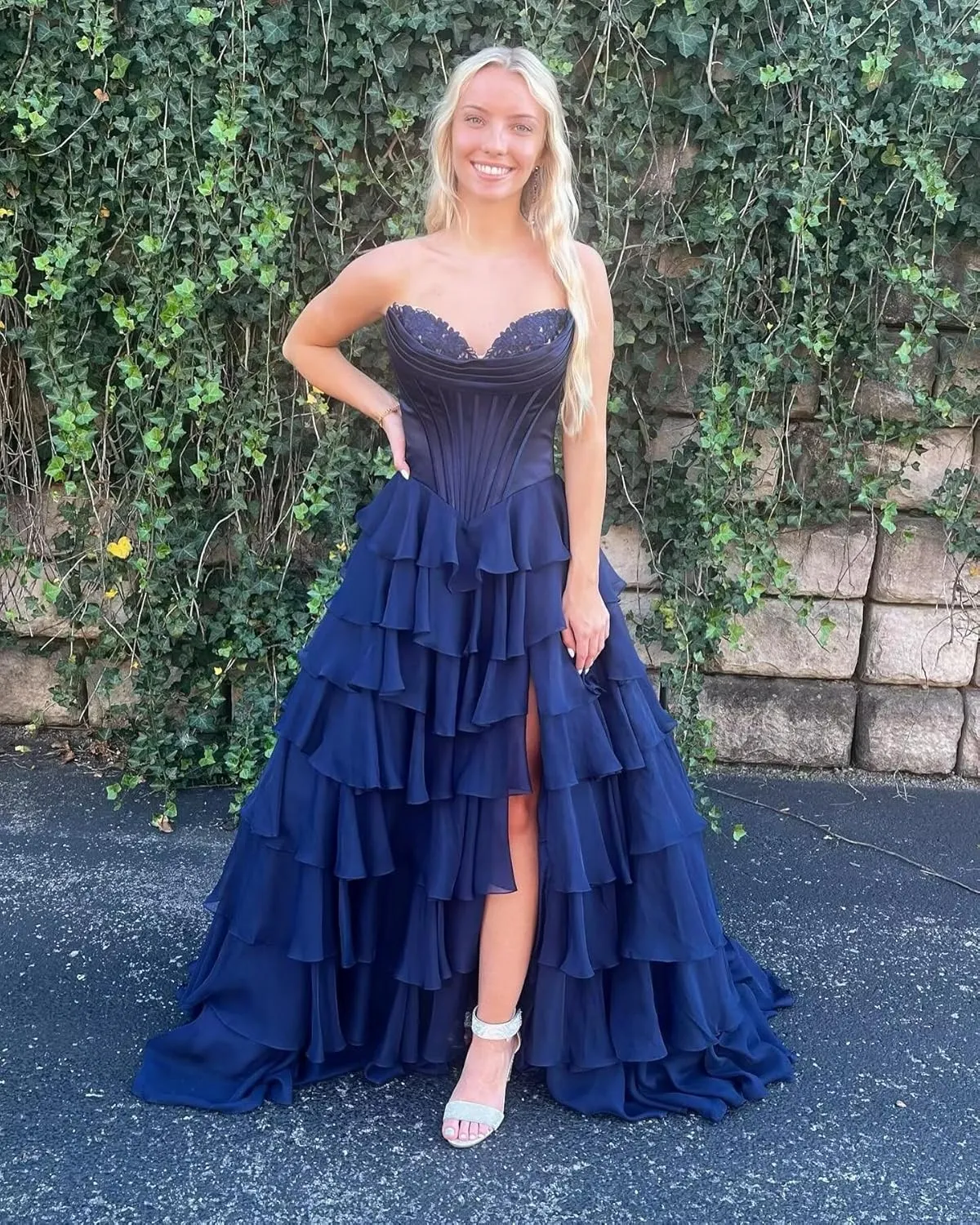 SHSUREVE Strapless Corset Prom Dresses for Women Tiered A Line Chiffon Formal Evening Party Gown with Slit