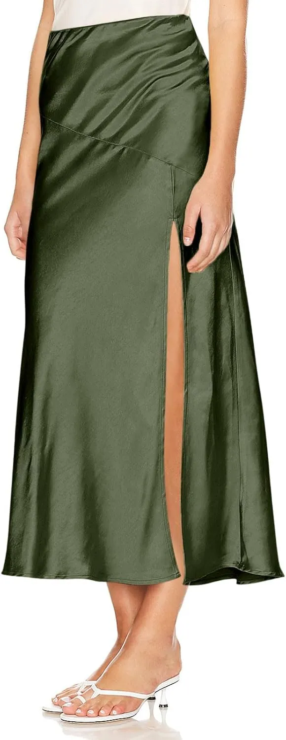 Silky Satin Side Split Skirt for Women Summer High Waist Pleated Skirts Casual Elegant A Line Cocktail Party Skorts