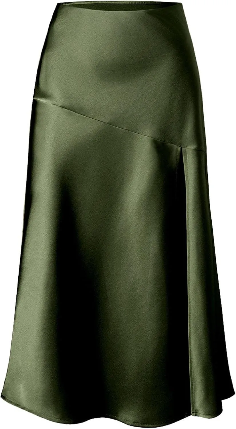 Silky Satin Side Split Skirt for Women Summer High Waist Pleated Skirts Casual Elegant A Line Cocktail Party Skorts