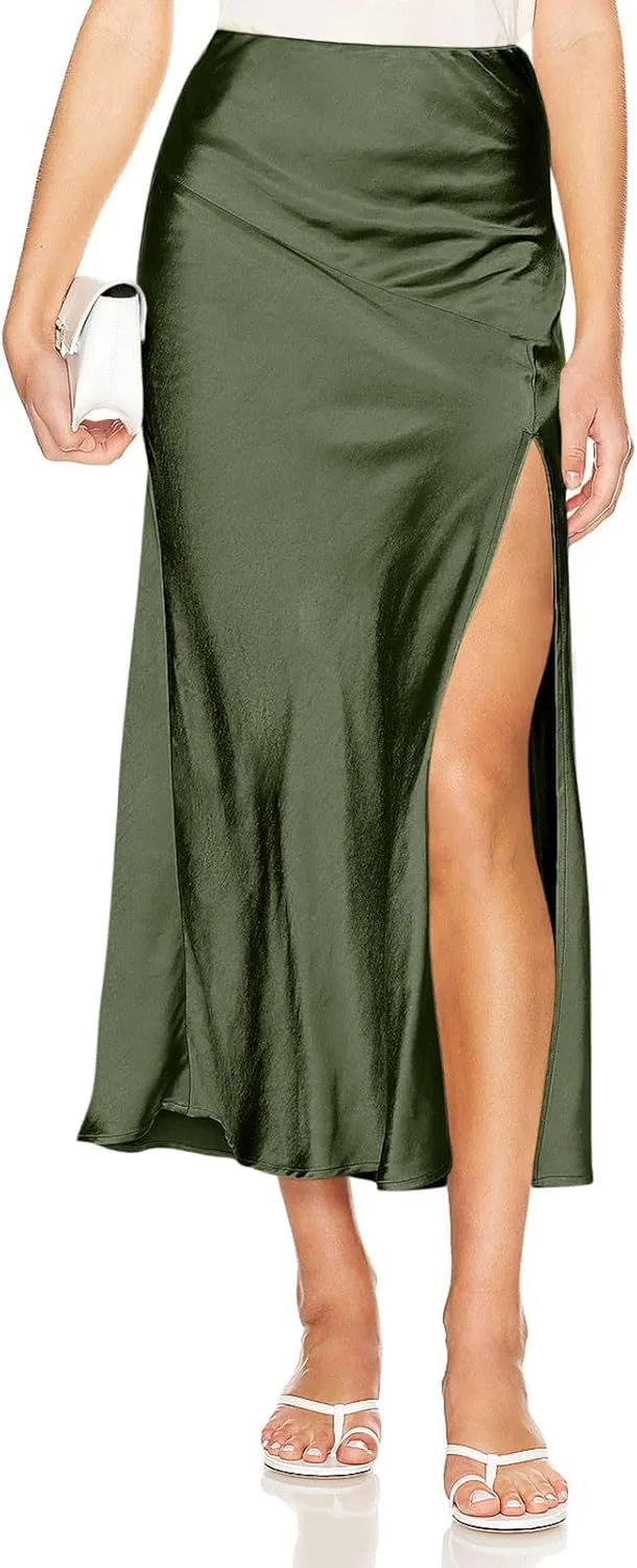 Silky Satin Side Split Skirt for Women Summer High Waist Pleated Skirts Casual Elegant A Line Cocktail Party Skorts