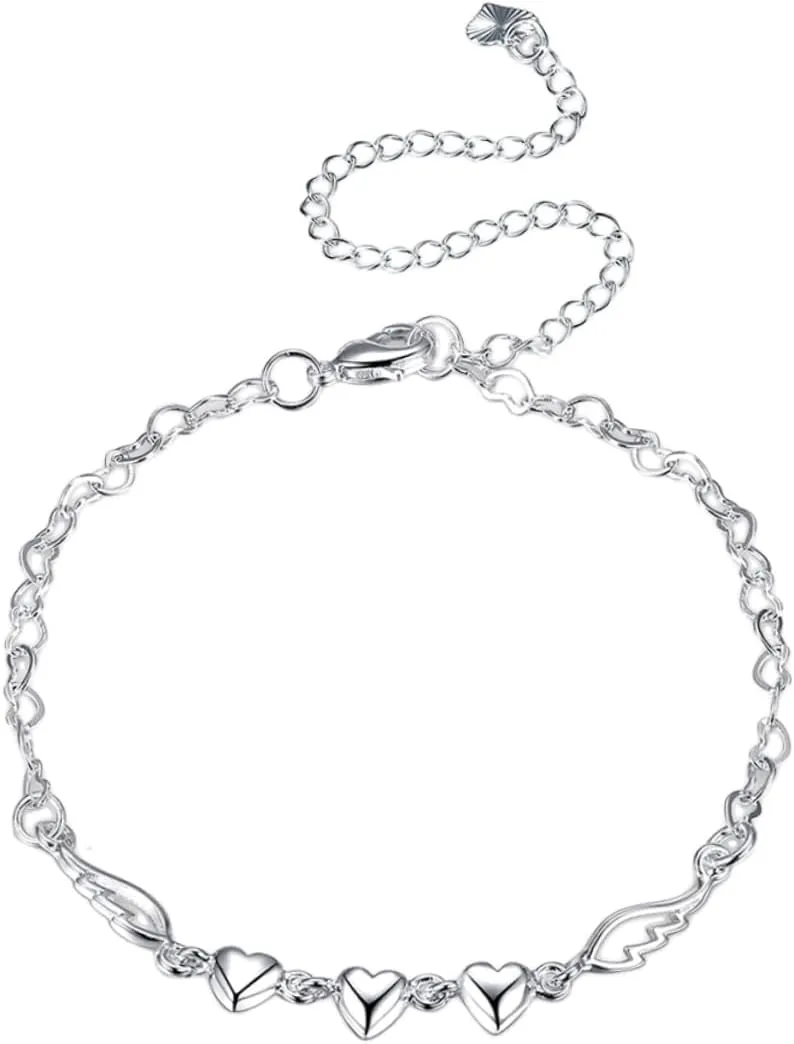 Silver Heart Wings Anklet for Women Elegant Foot Chain with Extender Chic Barefoot Jewelry Stylish Silver Anklet for Daily Wear and Special Occasions