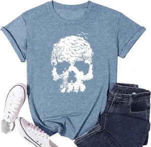 Skull Shirts for Women Gothic Skeleton Print Vintage Graphic Casual Cotton Tops Funny Workout Athletic Shirts