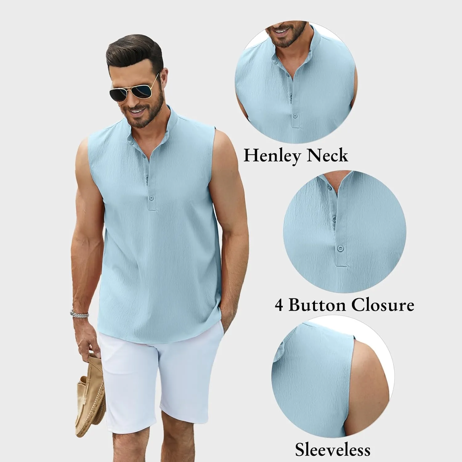 Sleeveless Beach Shirts for Men Summer Casual Tank Top Button Down Henley T-Shirts