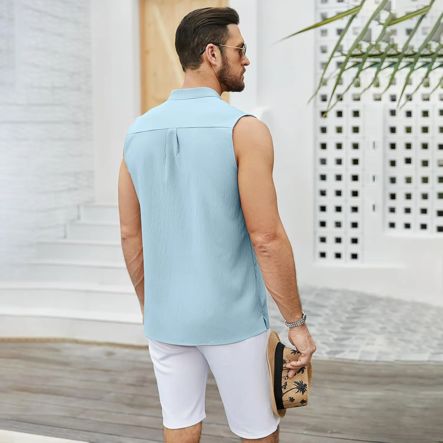 Sleeveless Beach Shirts for Men Summer Casual Tank Top Button Down Henley T-Shirts
