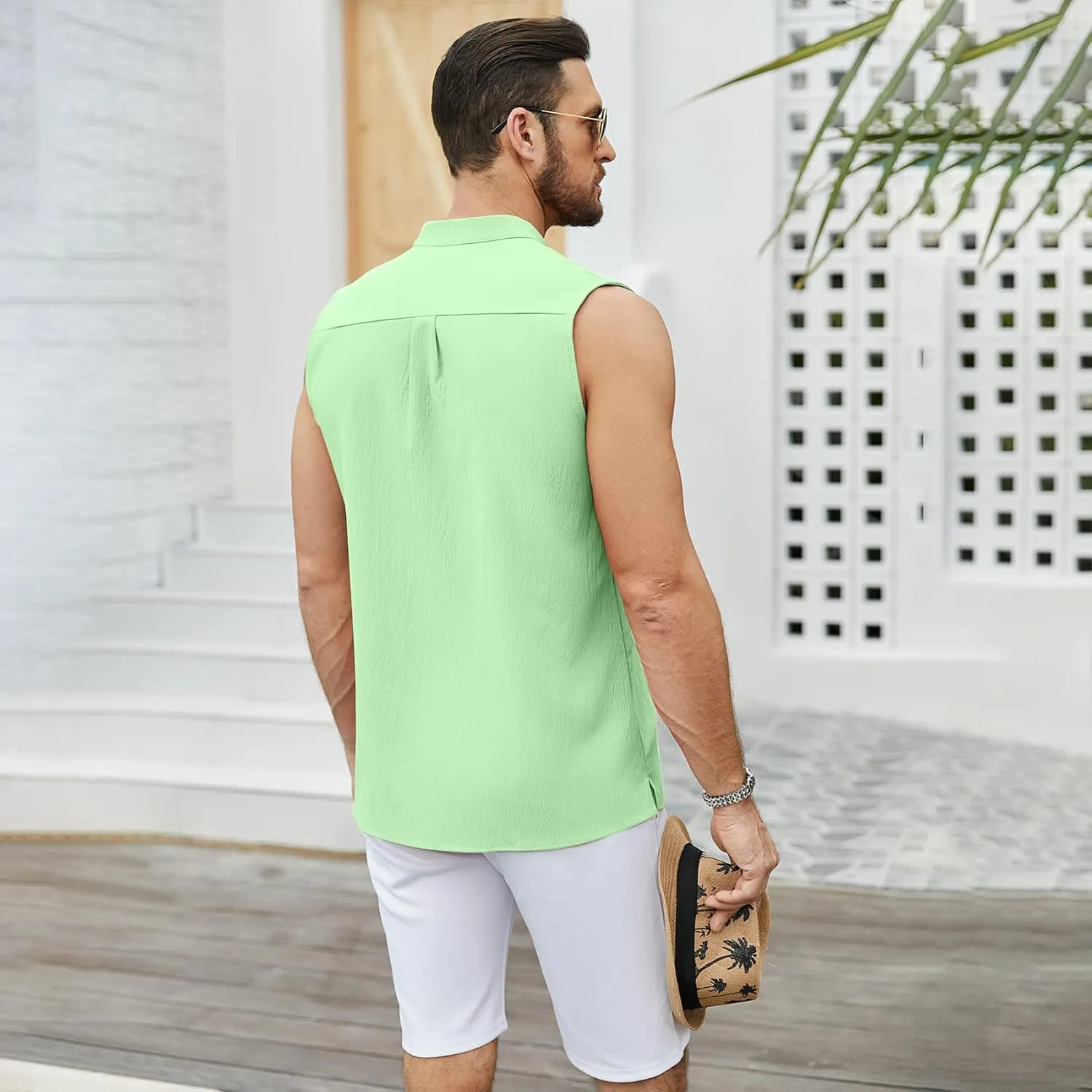 Sleeveless Beach Shirts for Men Summer Casual Tank Top Button Down Henley T-Shirts