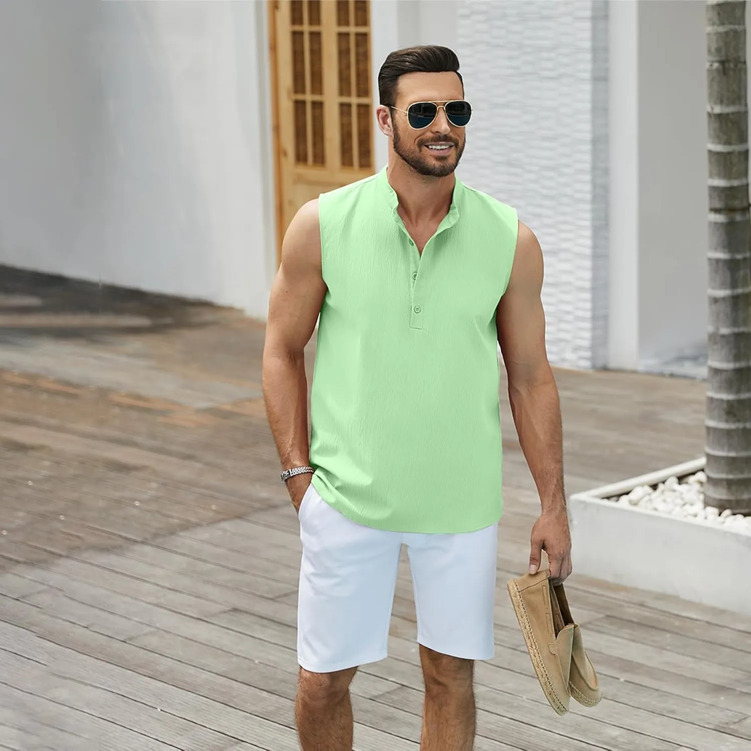 Sleeveless Beach Shirts for Men Summer Casual Tank Top Button Down Henley T-Shirts