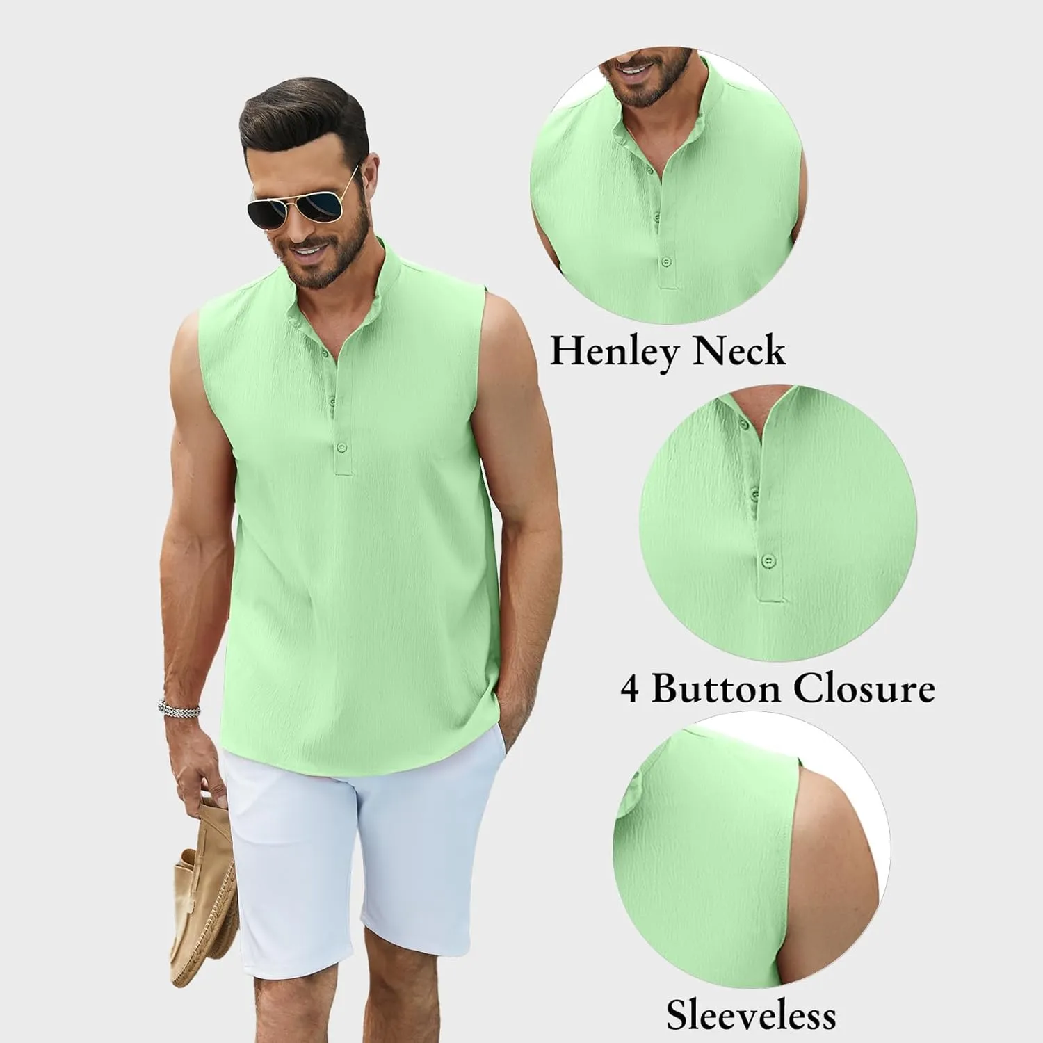 Sleeveless Beach Shirts for Men Summer Casual Tank Top Button Down Henley T-Shirts