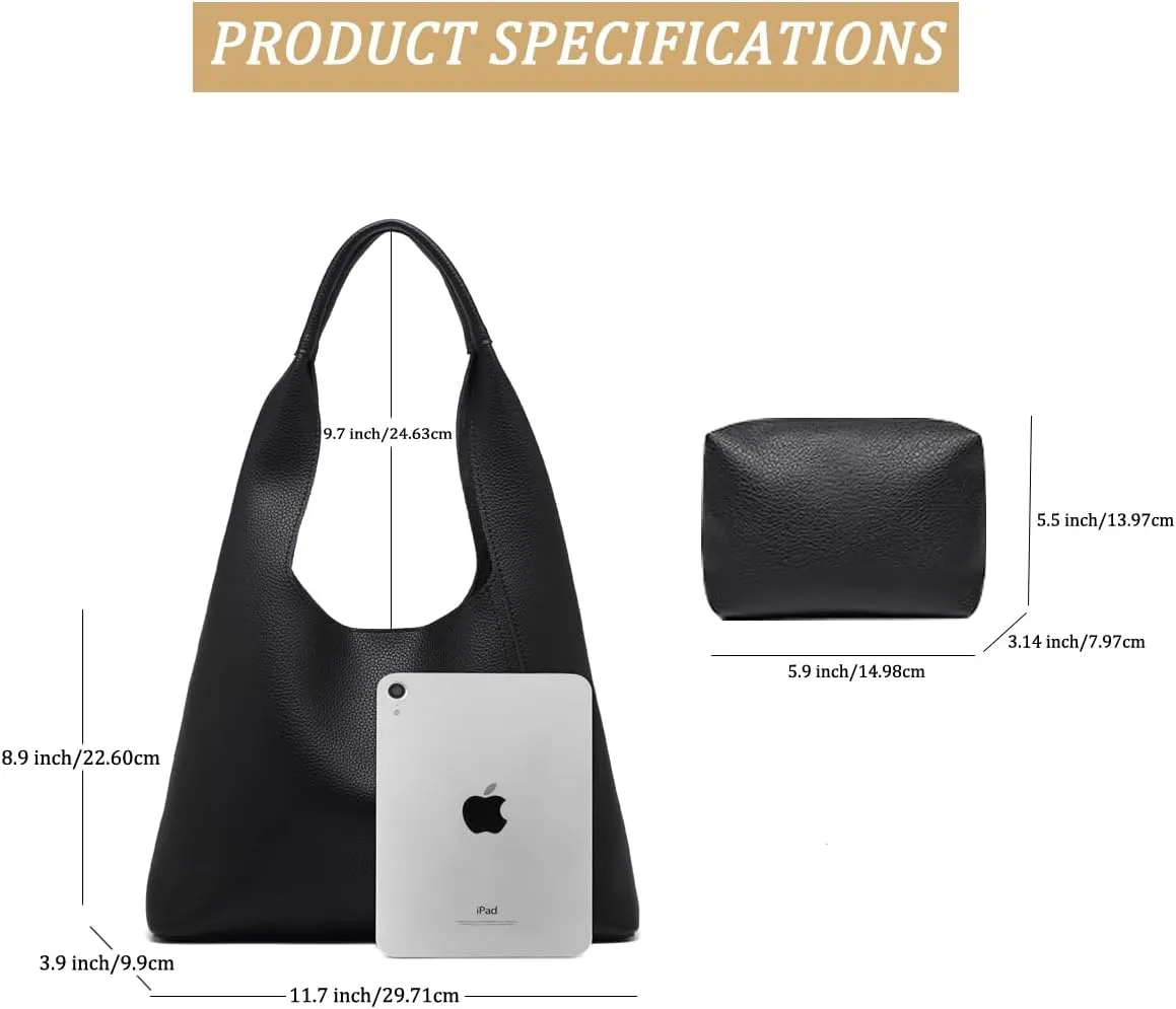 Slouchy Hobo Tote Bags for Women - Retro PU Leather Shoulder Handbag Purse Large Capacity 2pcs