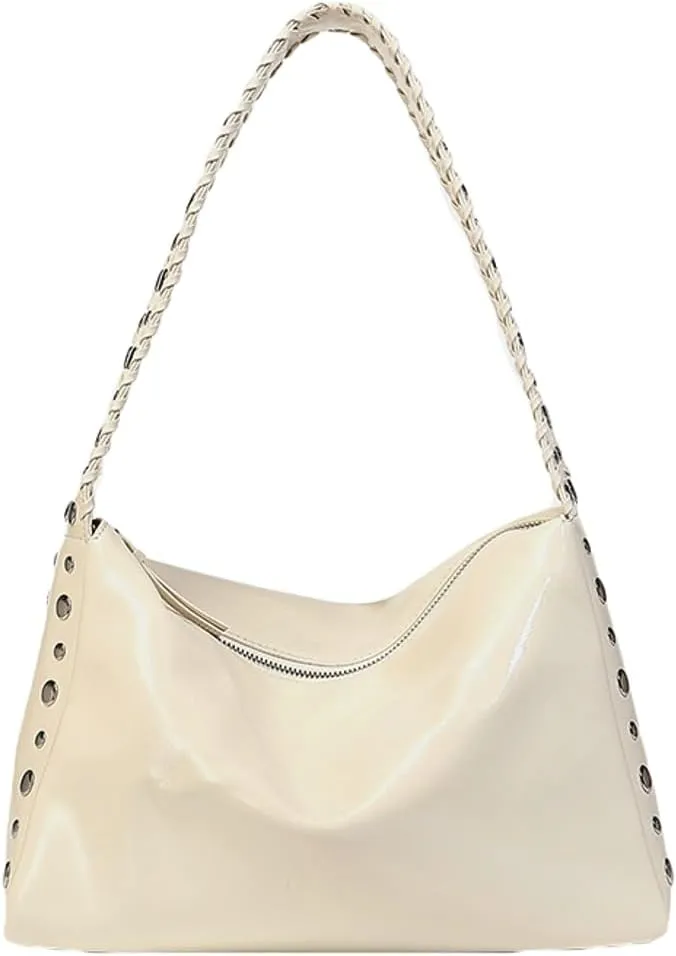Slouchy PU Leather Hobo Bags Women Trendy Underarm Shoulder Bag Crescent Crossbody Purse Studded Satchel Tote Handbag